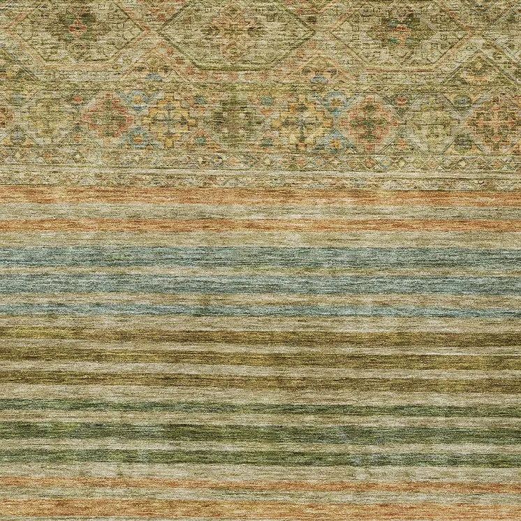 10' X 14' Artichoke Green Copper And Beige Medallion Washable Indoor Outdoor Area Rug