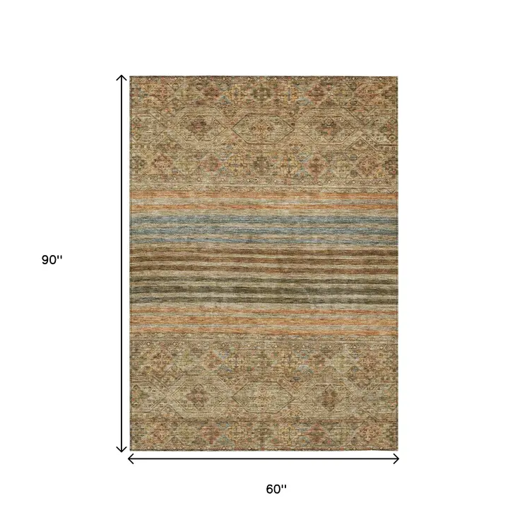 5' X 8' Copper Brown And Beige Medallion Washable Indoor Outdoor Area Rug