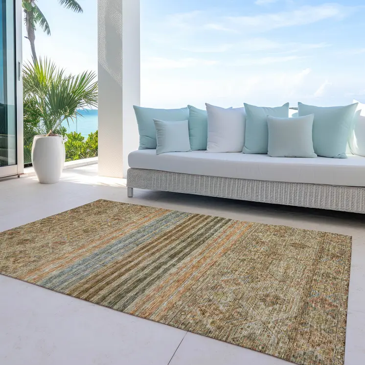 5' X 8' Copper Brown And Beige Medallion Washable Indoor Outdoor Area Rug