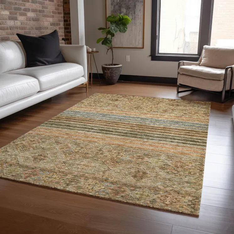 5' X 8' Copper Brown And Beige Medallion Washable Indoor Outdoor Area Rug