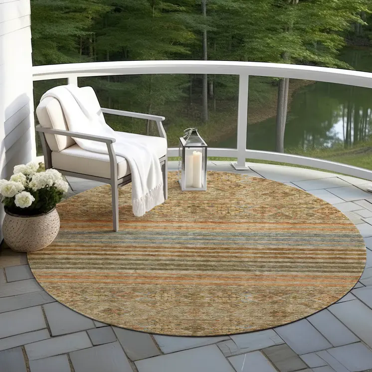 8' Copper Brown And Beige Round Medallion Washable Indoor Outdoor Area Rug