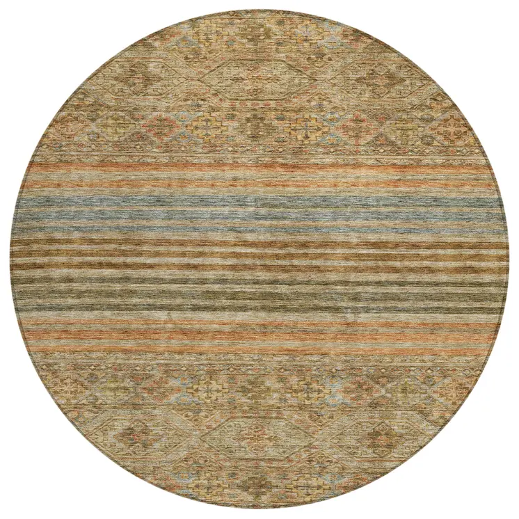 8' Copper Brown And Beige Round Medallion Washable Indoor Outdoor Area Rug