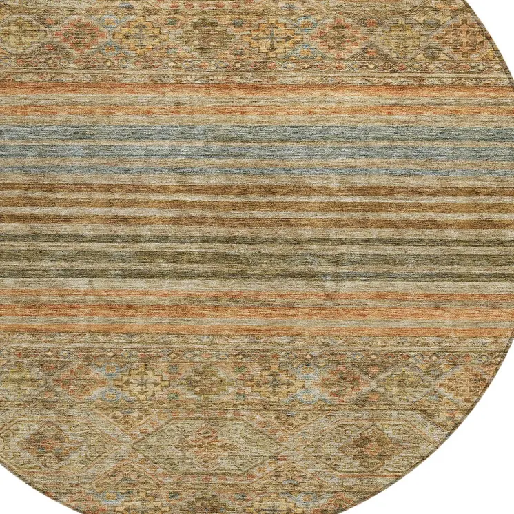 8' Copper Brown And Beige Round Medallion Washable Indoor Outdoor Area Rug