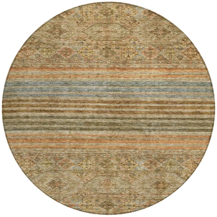 8' Copper Brown And Beige Round Medallion Washable Indoor Outdoor Area Rug