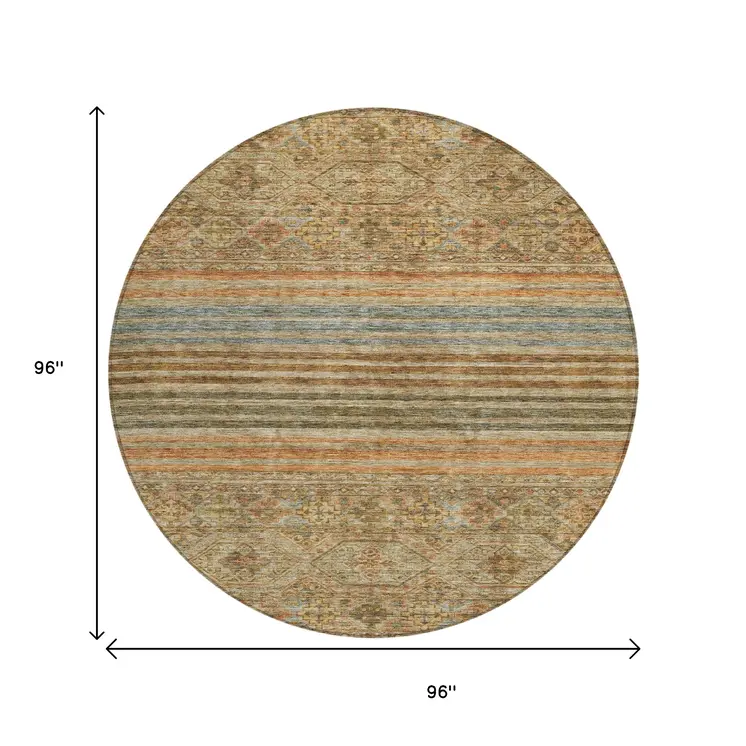 8' Copper Brown And Beige Round Medallion Washable Indoor Outdoor Area Rug