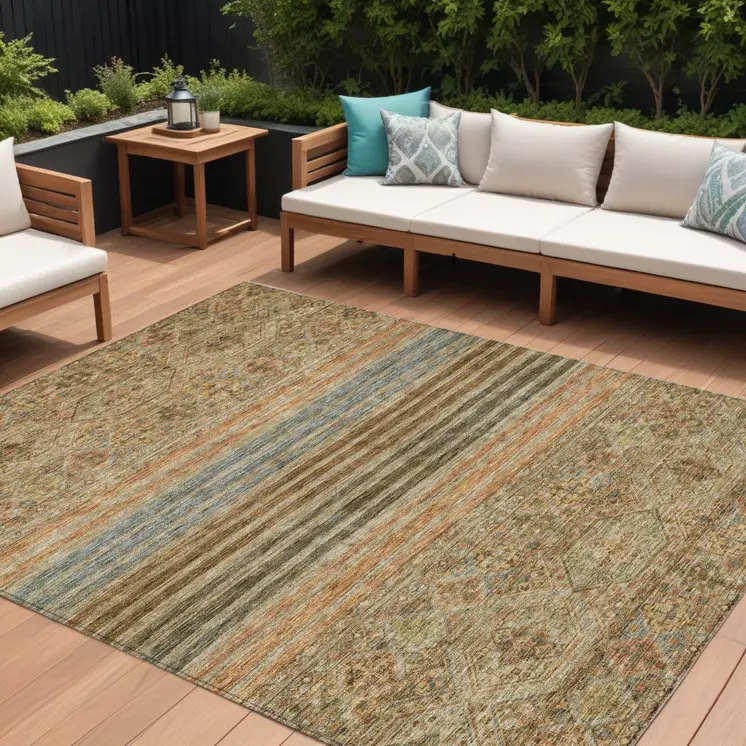 8' X 10' Copper Brown And Beige Medallion Washable Indoor Outdoor Area Rug