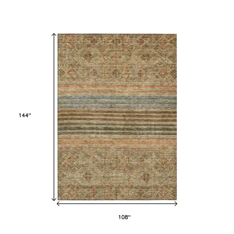 9' X 12' Copper Brown And Beige Medallion Washable Indoor Outdoor Area Rug
