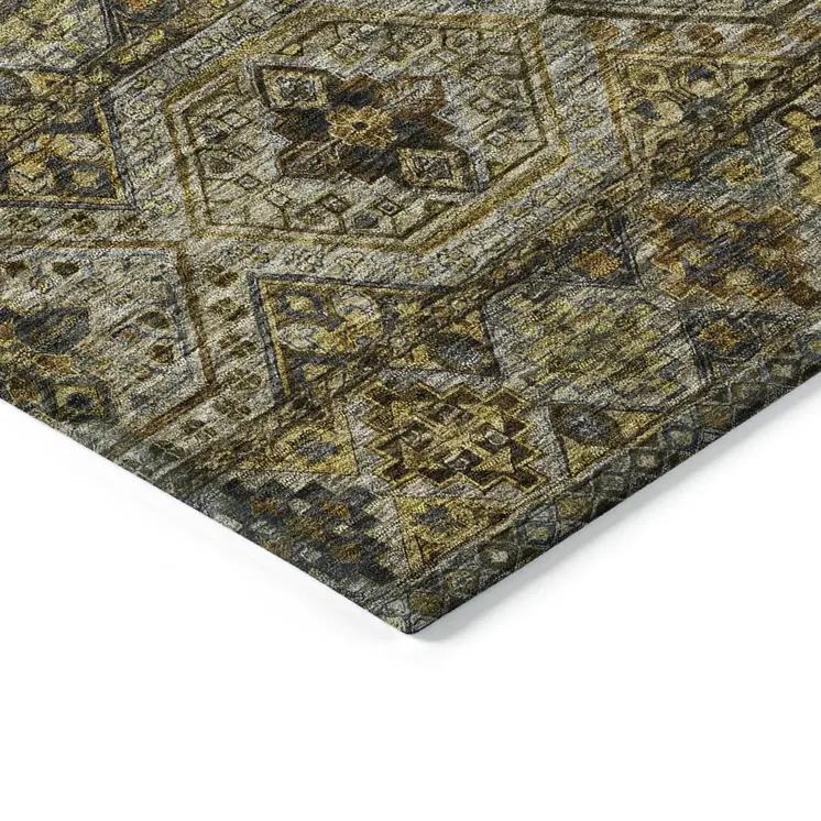 5' X 8' Gray Gold And Brown Medallion Washable Indoor Outdoor Area Rug