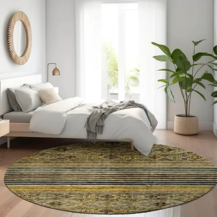 8' Gray Gold And Brown Round Medallion Washable Indoor Outdoor Area Rug