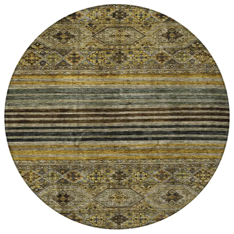 8' Gray Gold And Brown Round Medallion Washable Indoor Outdoor Area Rug