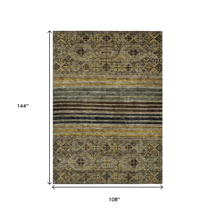 9' X 12' Gray Gold And Brown Medallion Washable Indoor Outdoor Area Rug