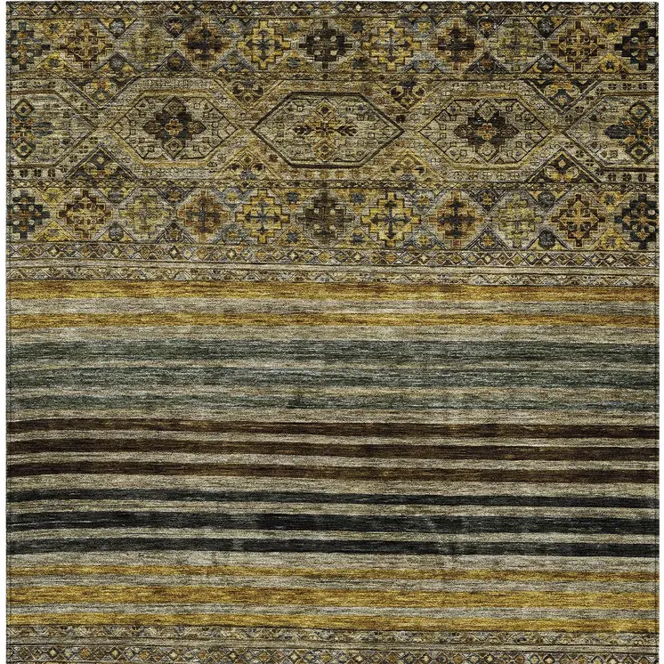 9' X 12' Gray Gold And Brown Medallion Washable Indoor Outdoor Area Rug