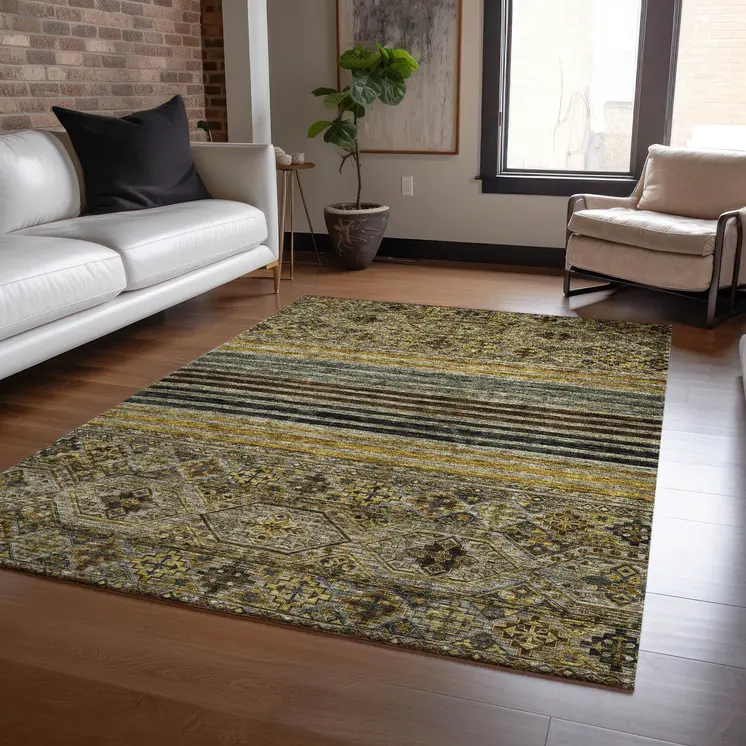 9' X 12' Gray Gold And Brown Medallion Washable Indoor Outdoor Area Rug