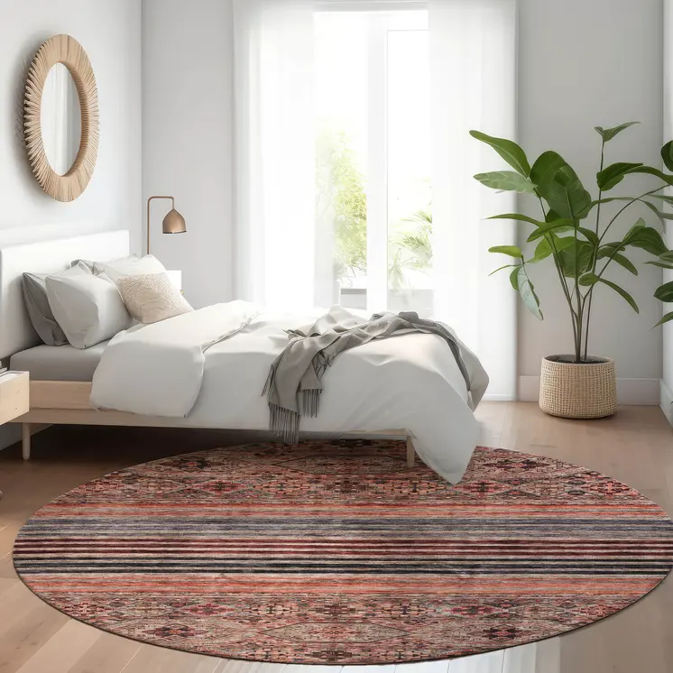 8' Rust Gray And Salmon Round Medallion Washable Indoor Outdoor Area Rug