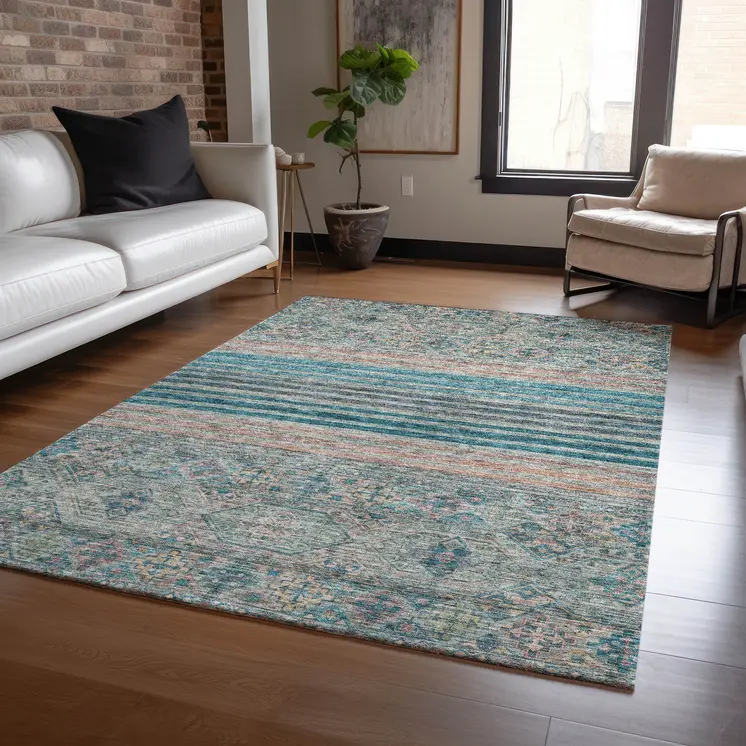 3' X 5' Teal Blue Salmon And Beige Medallion Washable Indoor Outdoor Area Rug