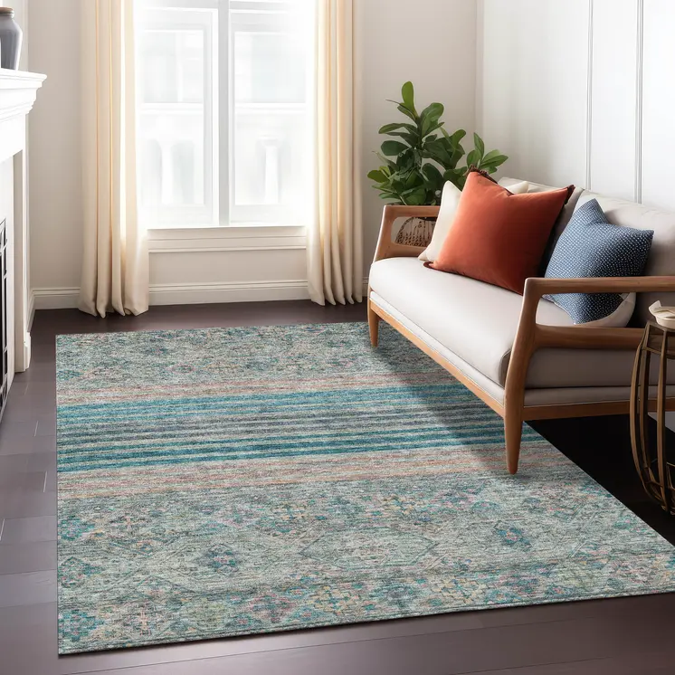 5' X 8' Teal Blue Salmon And Beige Medallion Washable Indoor Outdoor Area Rug