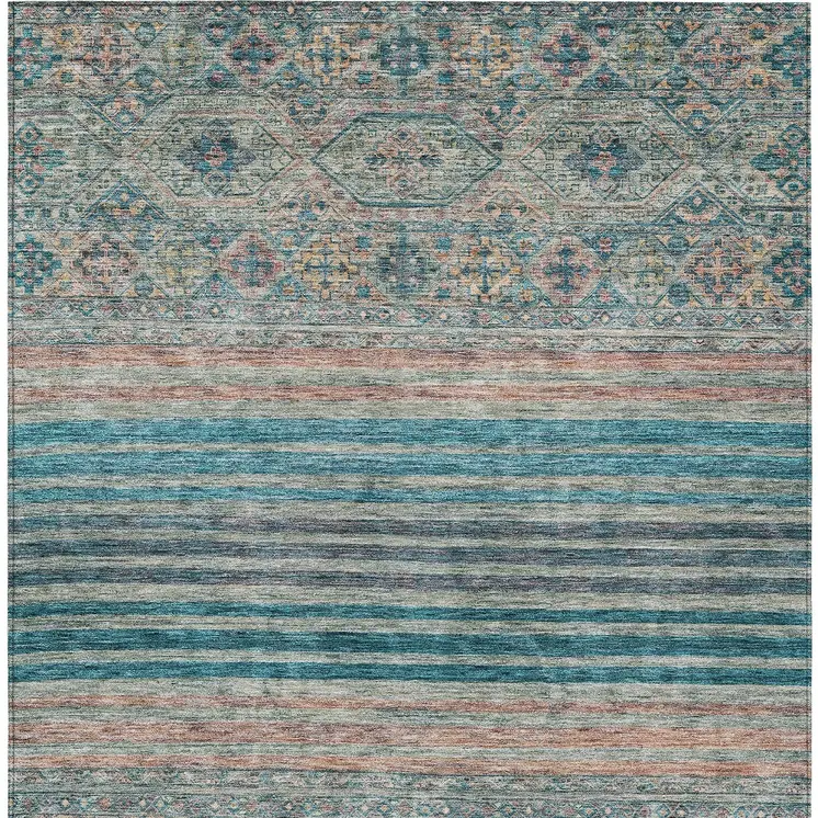 10' X 14' Teal Blue Salmon And Beige Medallion Washable Indoor Outdoor Area Rug
