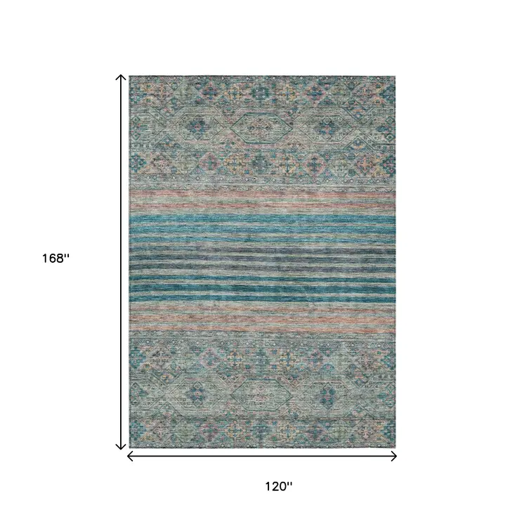 10' X 14' Teal Blue Salmon And Beige Medallion Washable Indoor Outdoor Area Rug