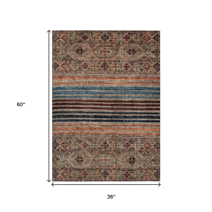 3' X 5' Taupe Brown And Blue Medallion Washable Indoor Outdoor Area Rug