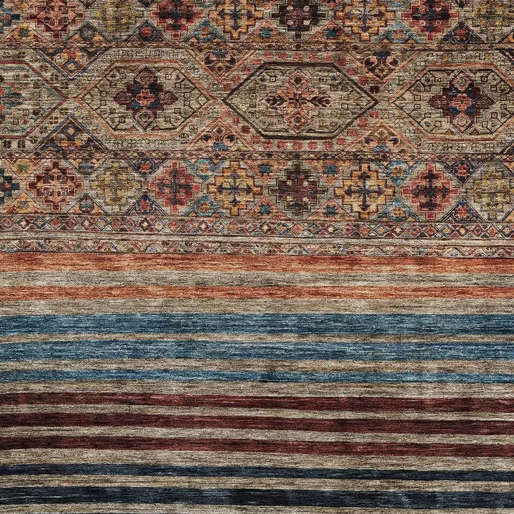 3' X 5' Taupe Brown And Blue Medallion Washable Indoor Outdoor Area Rug