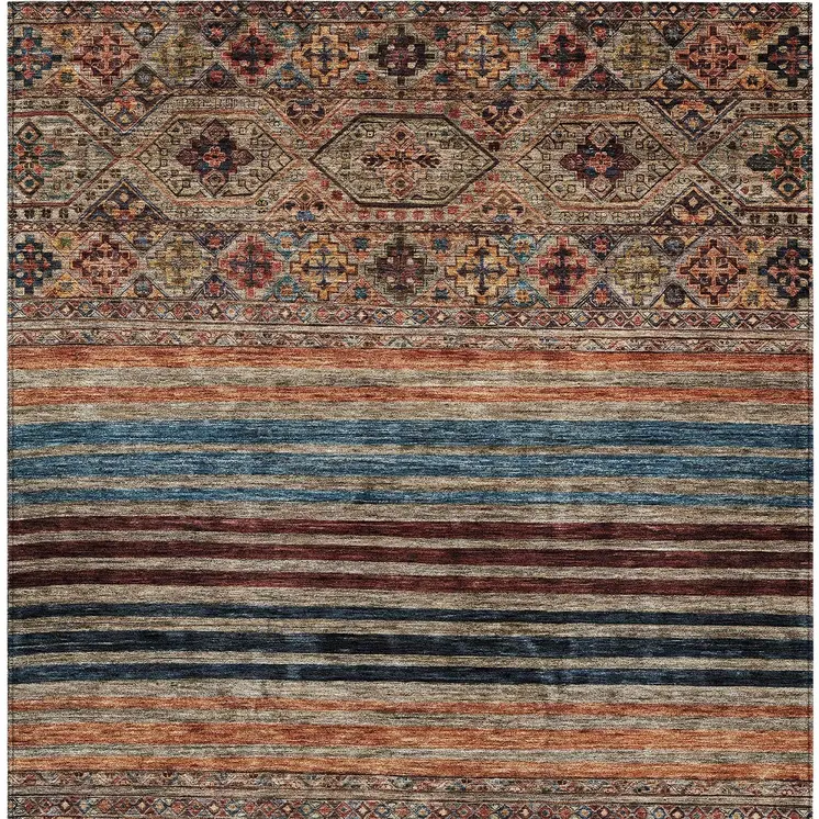 5' X 8' Taupe Brown And Blue Medallion Washable Indoor Outdoor Area Rug