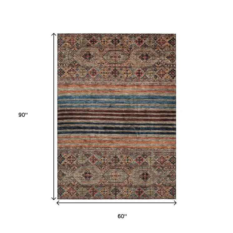 5' X 8' Taupe Brown And Blue Medallion Washable Indoor Outdoor Area Rug