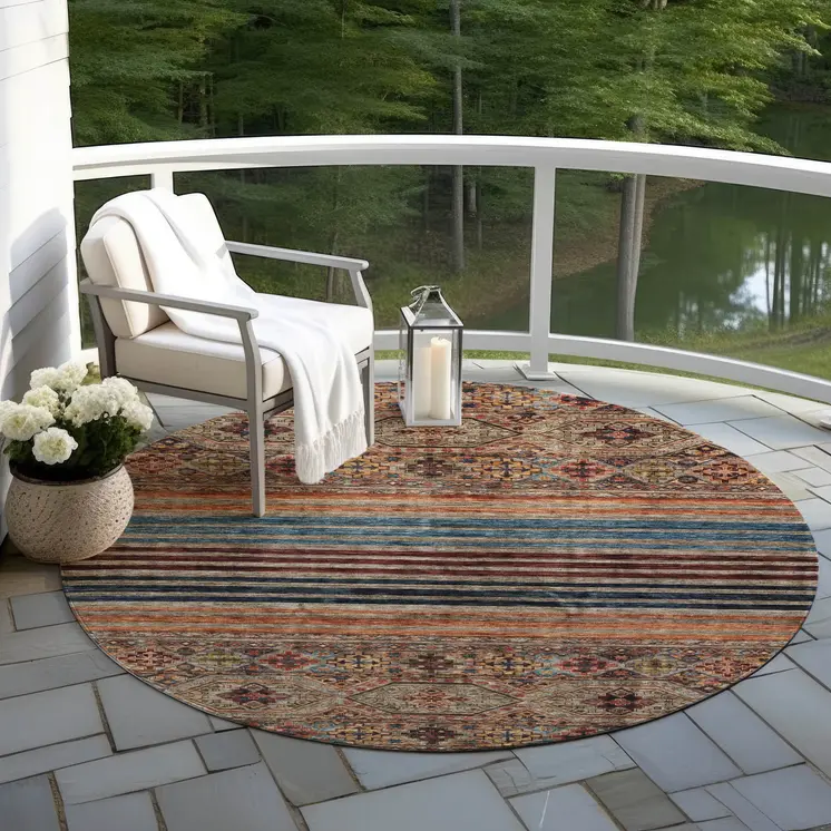 8' Taupe Brown And Blue Round Medallion Washable Indoor Outdoor Area Rug