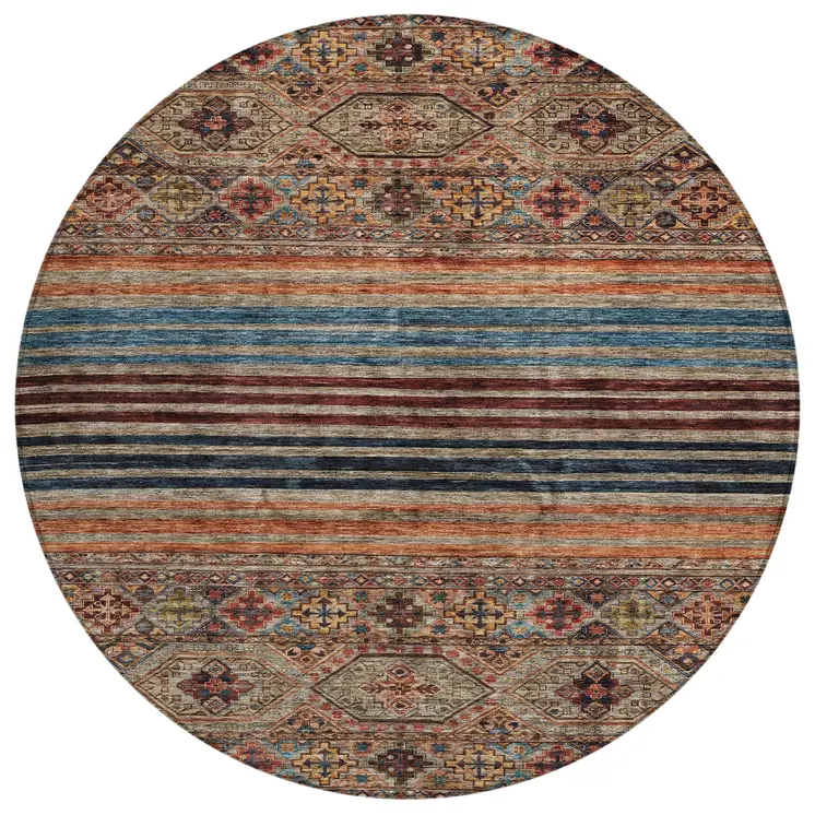 8' Taupe Brown And Blue Round Medallion Washable Indoor Outdoor Area Rug