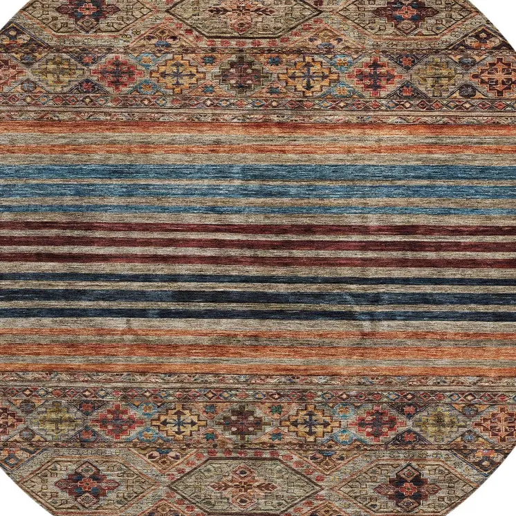 8' Taupe Brown And Blue Round Medallion Washable Indoor Outdoor Area Rug