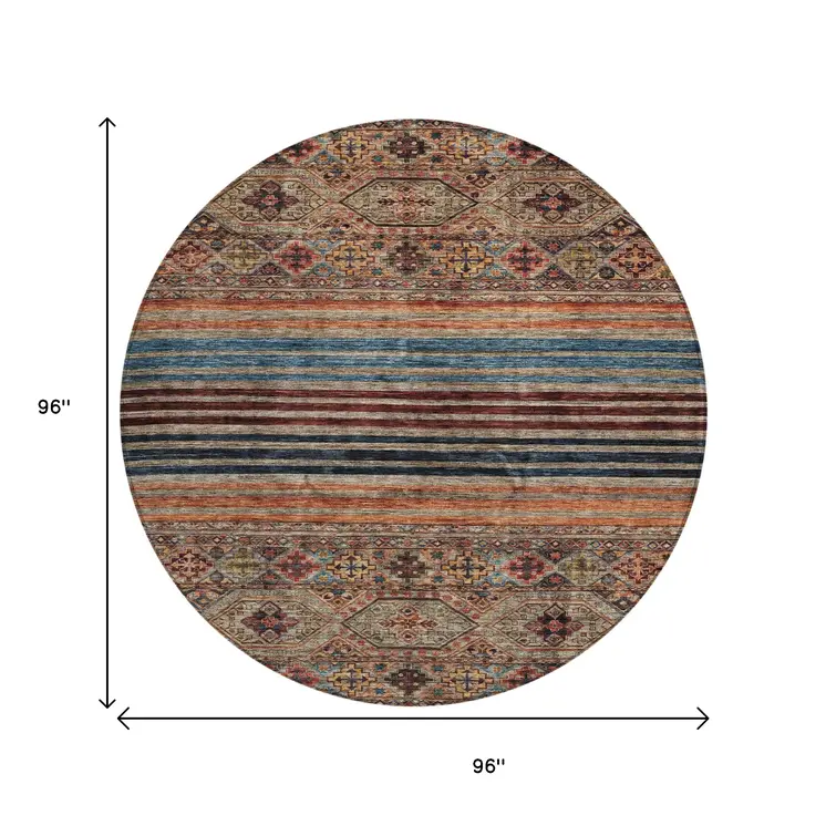 8' Taupe Brown And Blue Round Medallion Washable Indoor Outdoor Area Rug
