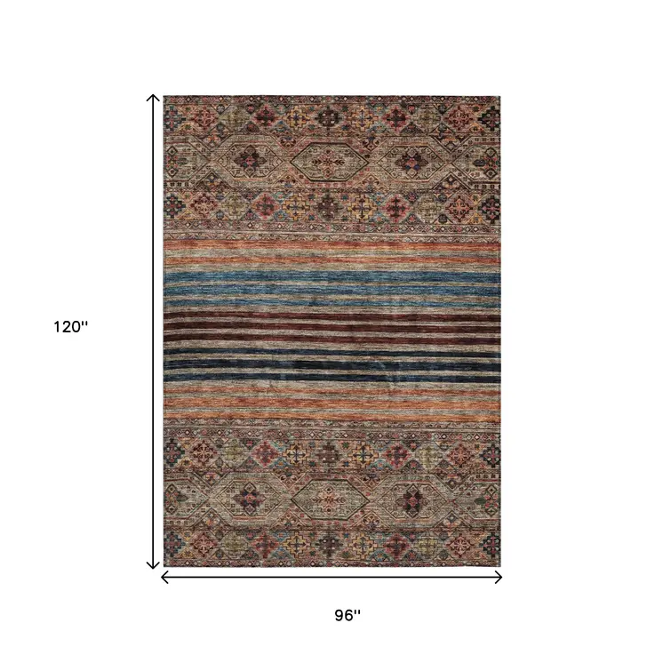 8' X 10' Taupe Brown And Blue Medallion Washable Indoor Outdoor Area Rug