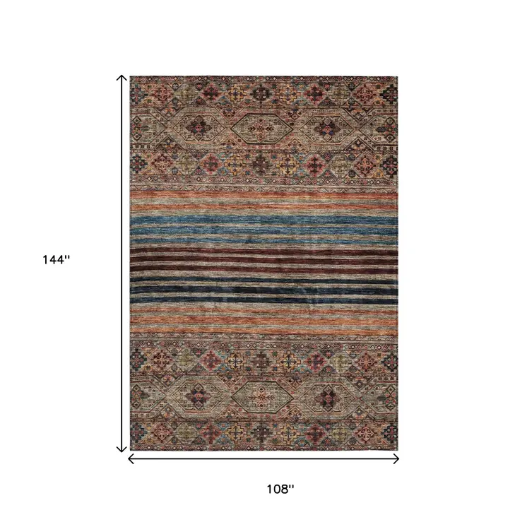 9' X 12' Taupe Brown And Blue Medallion Washable Indoor Outdoor Area Rug