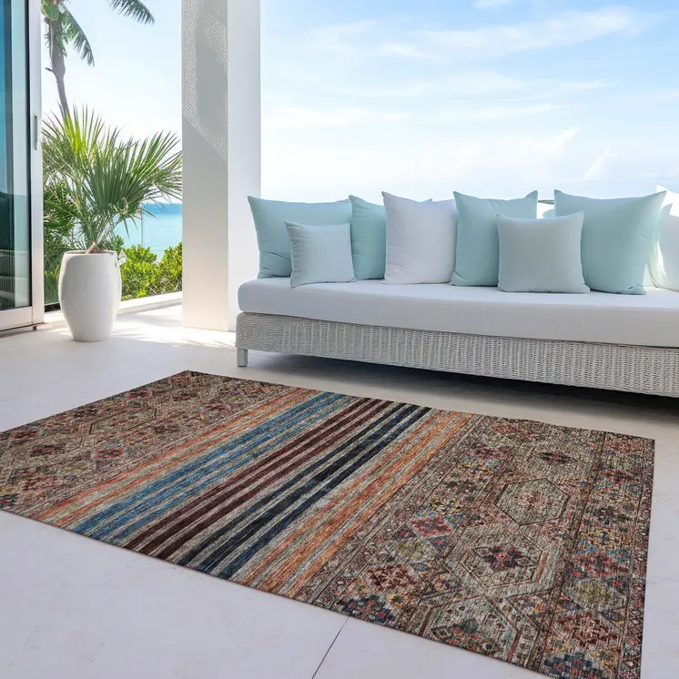 9' X 12' Taupe Brown And Blue Medallion Washable Indoor Outdoor Area Rug