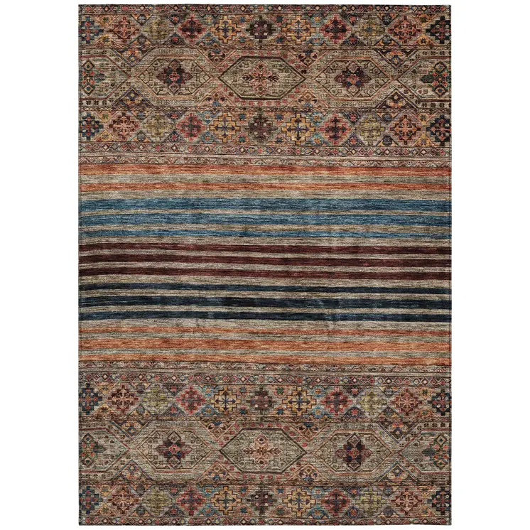 9' X 12' Taupe Brown And Blue Medallion Washable Indoor Outdoor Area Rug
