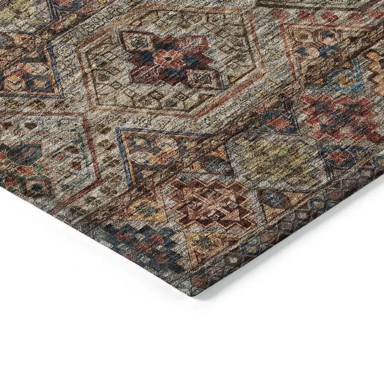 9' X 12' Taupe Brown And Blue Medallion Washable Indoor Outdoor Area Rug