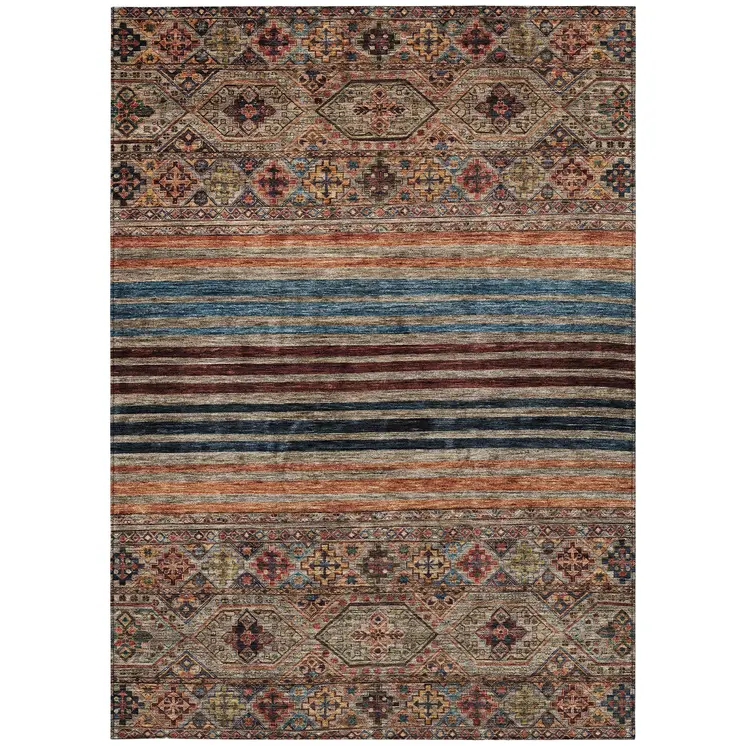 9' X 12' Taupe Brown And Blue Medallion Washable Indoor Outdoor Area Rug