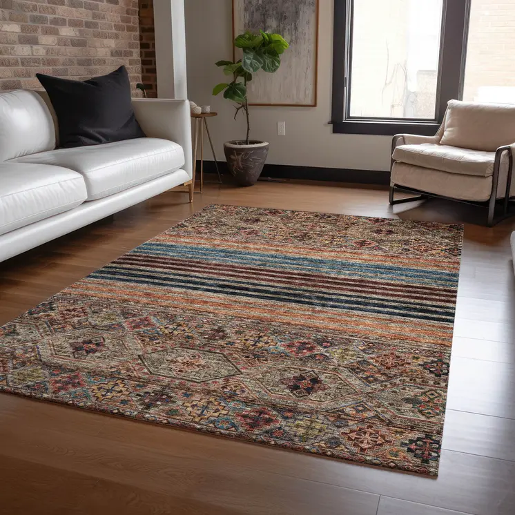 9' X 12' Taupe Brown And Blue Medallion Washable Indoor Outdoor Area Rug