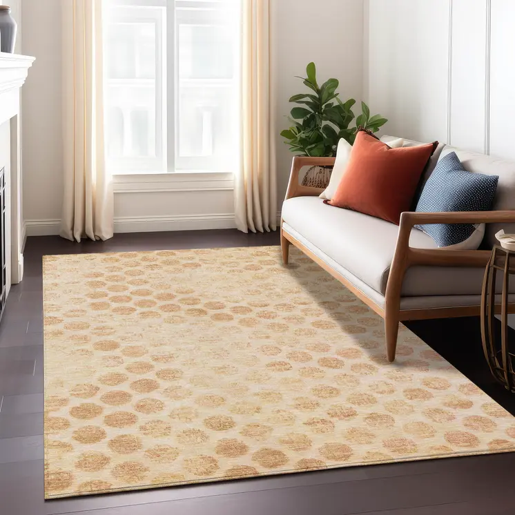 10' X 14' Peach And Rust Polka Dot Washable Indoor Outdoor Area Rug