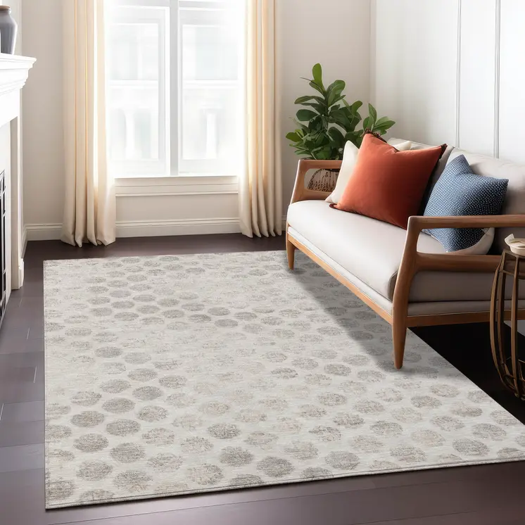 5' X 8' Taupe And Beige Polka Dot Washable Indoor Outdoor Area Rug
