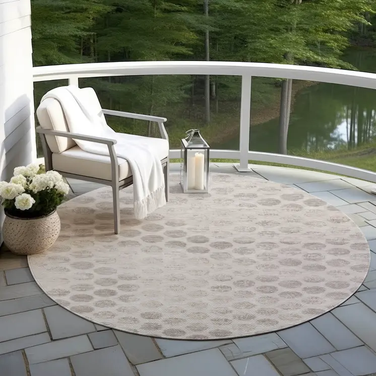 8' Taupe And Beige Round Polka Dot Washable Indoor Outdoor Area Rug