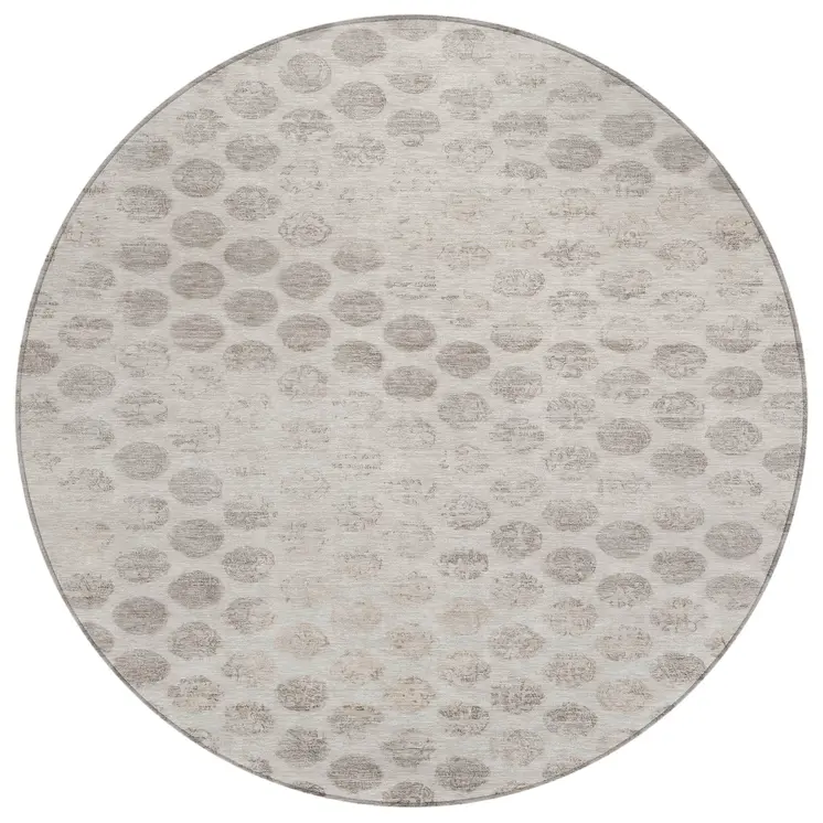 8' Taupe And Beige Round Polka Dot Washable Indoor Outdoor Area Rug