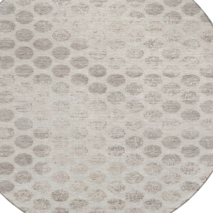 8' Taupe And Beige Round Polka Dot Washable Indoor Outdoor Area Rug