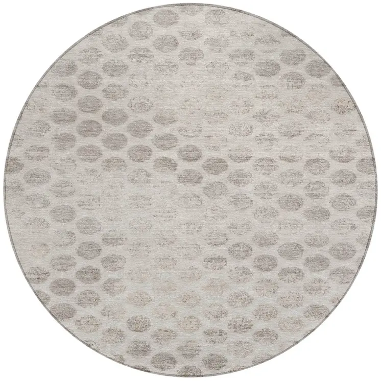 8' Taupe And Beige Round Polka Dot Washable Indoor Outdoor Area Rug