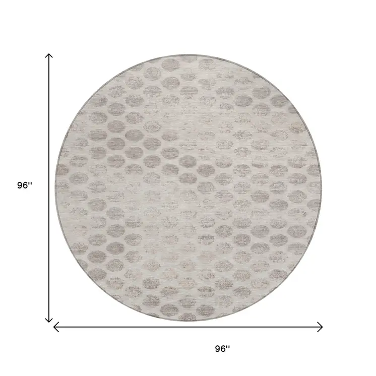 8' Taupe And Beige Round Polka Dot Washable Indoor Outdoor Area Rug