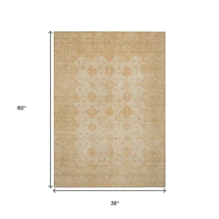 3' X 5' Beige And Rust Floral Medallion Washable Indoor Outdoor Area Rug