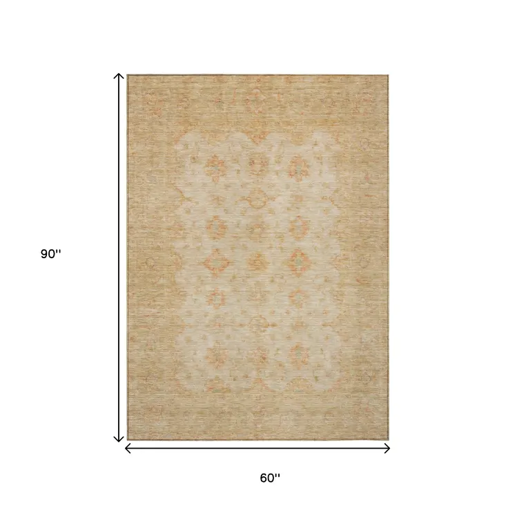 5' X 8' Beige And Rust Floral Medallion Washable Indoor Outdoor Area Rug