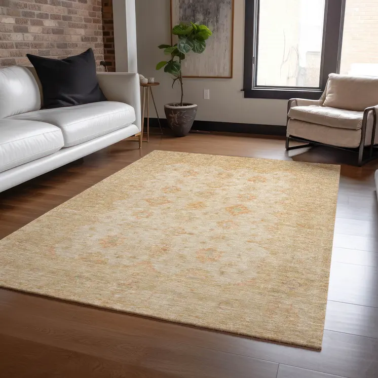 5' X 8' Beige And Rust Floral Medallion Washable Indoor Outdoor Area Rug