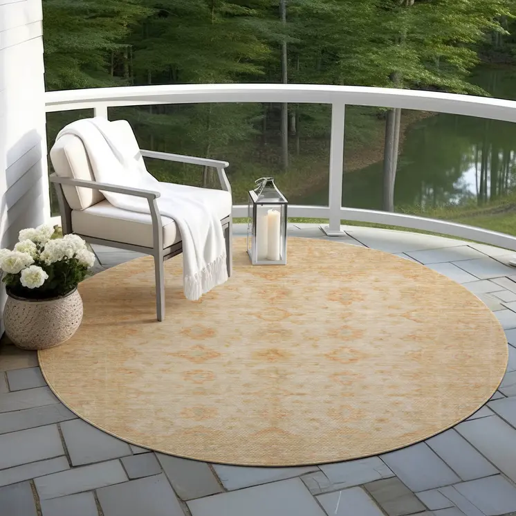 8' Beige And Rust Round Floral Medallion Washable Indoor Outdoor Area Rug