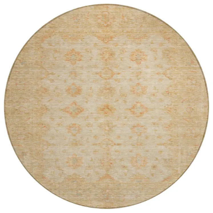 8' Beige And Rust Round Floral Medallion Washable Indoor Outdoor Area Rug