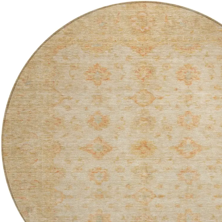 8' Beige And Rust Round Floral Medallion Washable Indoor Outdoor Area Rug